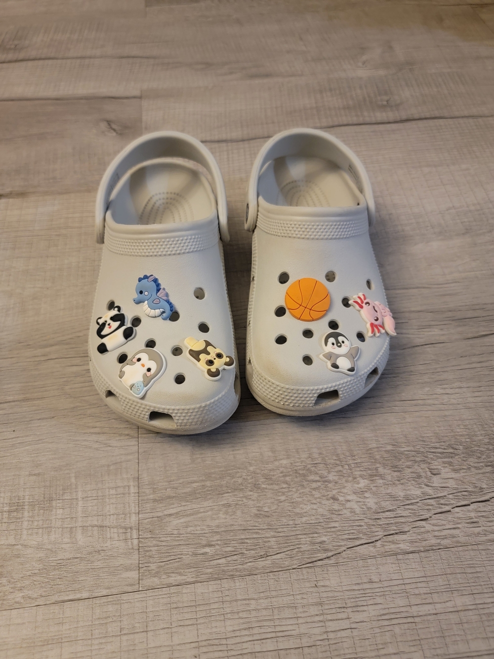 CROCS Kids White Clogs with Colorful Animal & Basketball Charms
